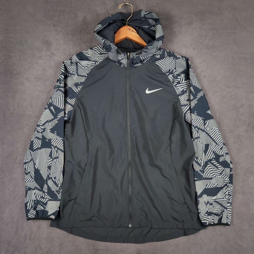 Nike Essential Flash Reflective Running Jacket Women Large Black Gray AQ4743-010